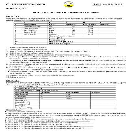 Fiche de TP 1 sur les Feuilles de calculs avec les Tableurs 