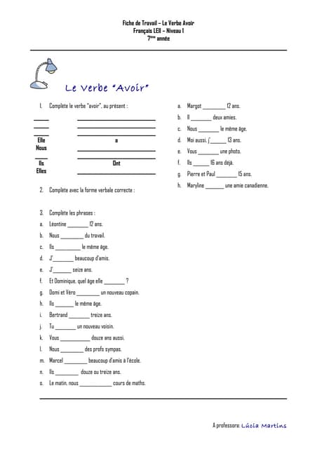 Fiche de travail   le verbe avoir