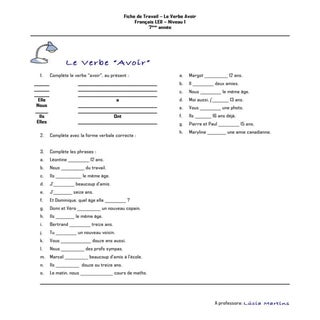 Fiche de travail   le verbe avoir