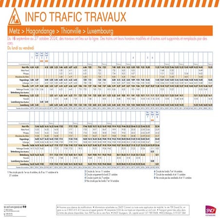Fiche Horaires Travaux L01B Metz Thionville Luxembourg du 16 sept au 27 octob...