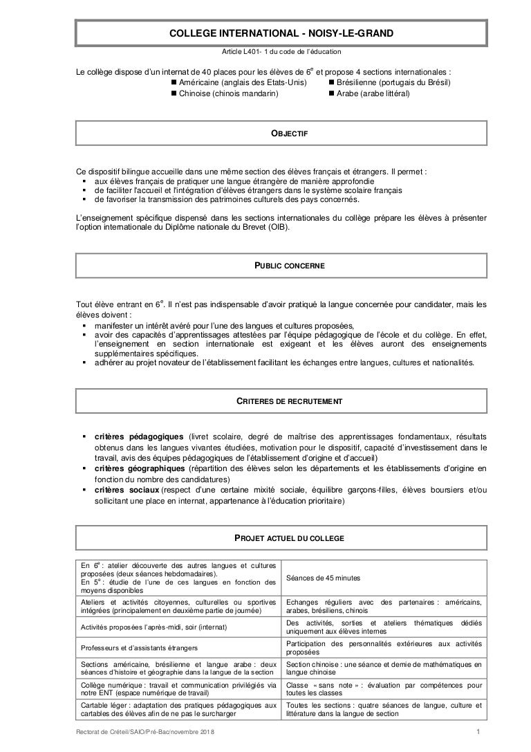 Fiche Technique College International