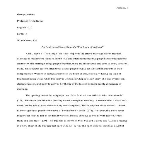 An Analysis of Kate Chopin's "The Story of an Hour"