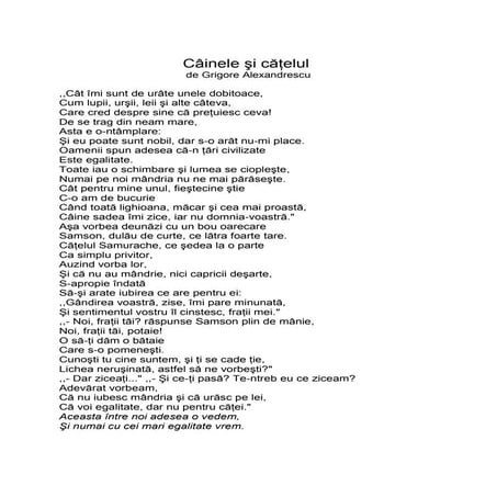 Fişă de lectură cainele si catelul+gr alexandrescu