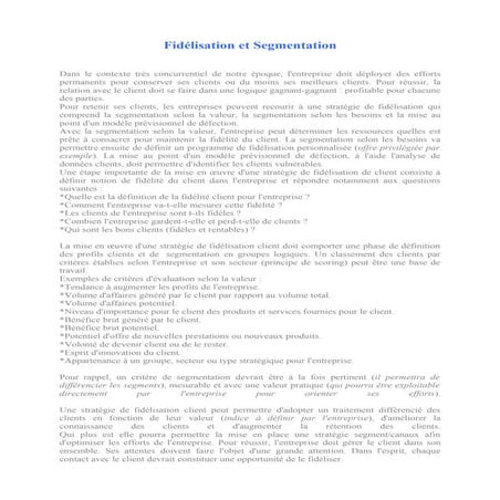 Fidélisation et segmentation | DOC