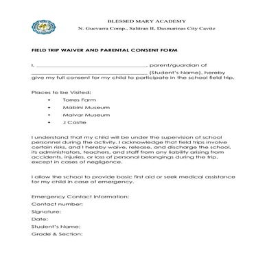 Blessed Mary Academy Field Trip Waiver and Parental Consent Form | PDF