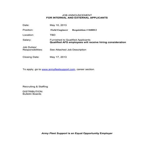 Field Engineer--Army Fleet Support--Job Announcement--Closes May 17, 2013