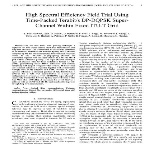 High Spectral Efficiency Field Trial Using Time-Packed Terabit/s DP-DQPSK Sup...