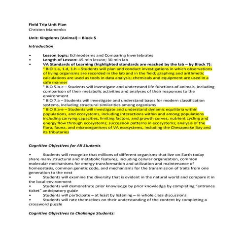 Field trip unit plan