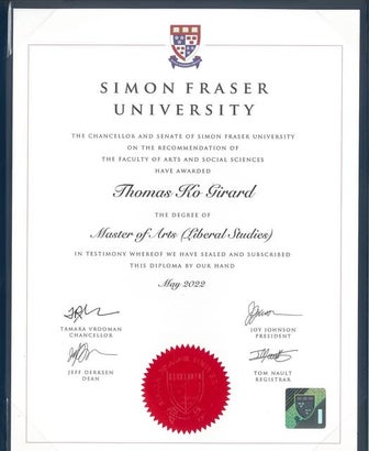 Masters Degree Parchment, Simon Fraser University