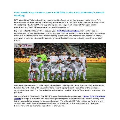 FIFA World Cup Tickets Iran is still fifth in the FIFA 2026 Men’s World ...