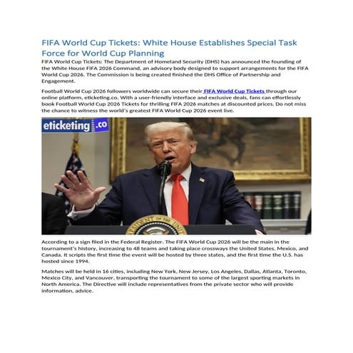 FIFA World Cup Tickets White House Establishes Special Task Force for World C...