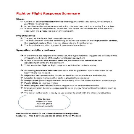 Fight or flight response summary sheet