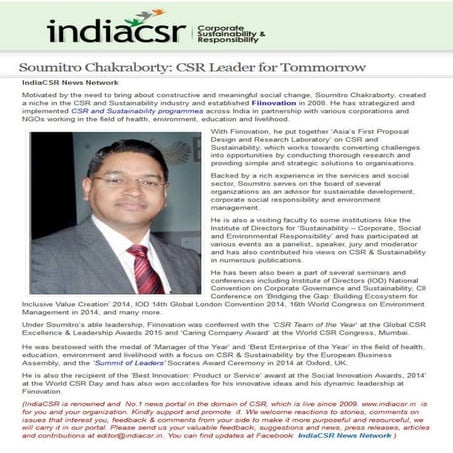 India CSR Features Fiinovation CEO as 'CSR Leader of Tomorrow' | PDF