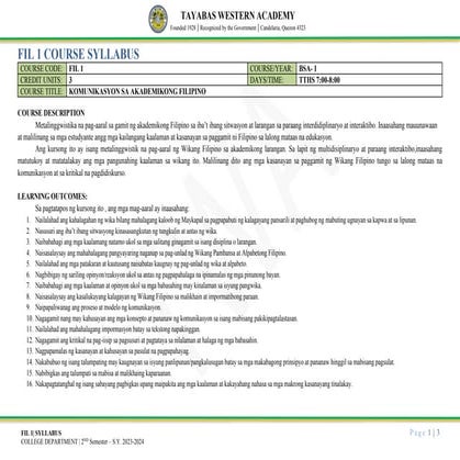 FIL 1- KOMUNIKASYON SA AKADEMIKONG FILIPINO SYLLABUS