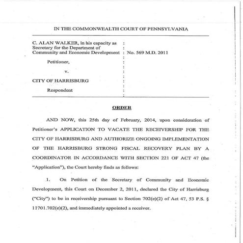 PA Court Order Terminating Harrisburg Receivership PDF