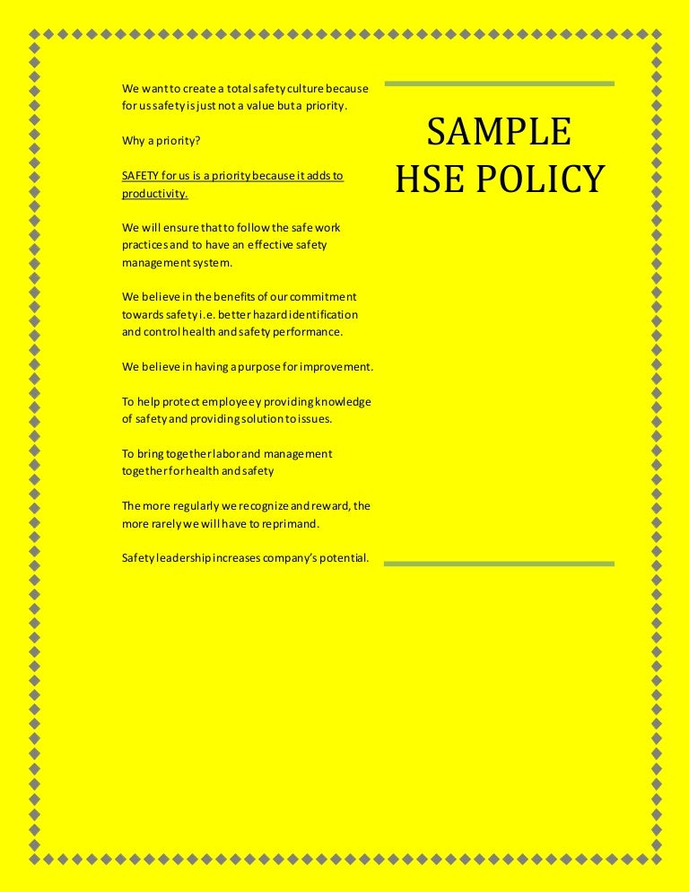 SAMPLE HEALTH SAFETY ENVIRONMENT POLICY