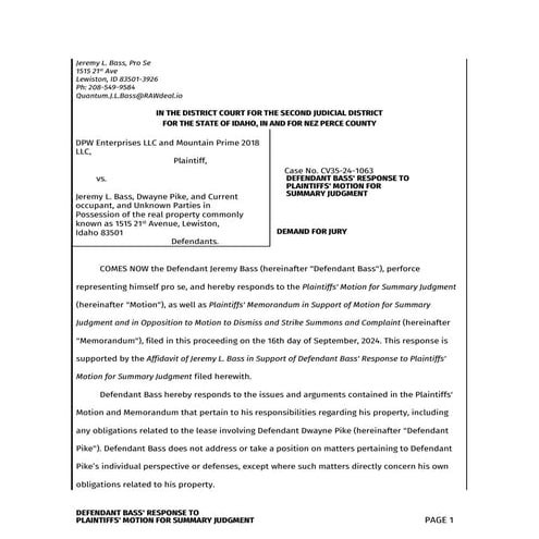 Defendant Bass's Response to Plaintiffs' Motion for Summary Judgment in ...