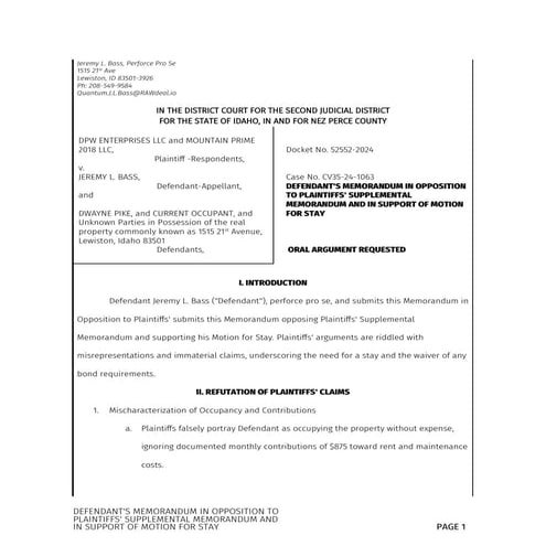 Defendant's Memorandum in Opposition to Plaintiffs' Supplemental ...