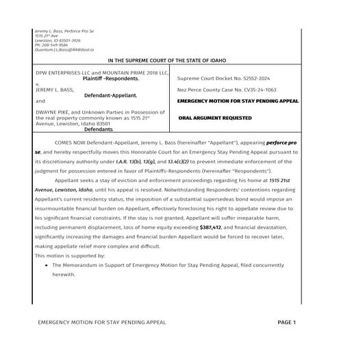 Affidavit of Jeremy L. Bass in Support of Emergency Motion to Stay ...