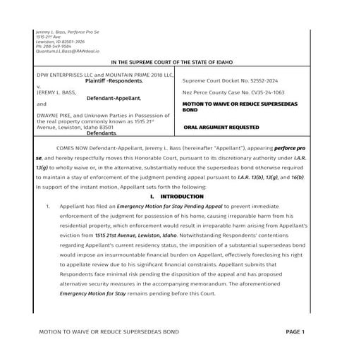 Memorandum in Support of Motion to Waive Supersedeas Bond Due to ...