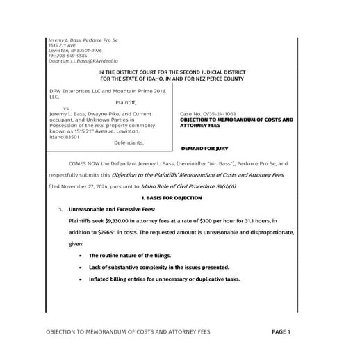 Objection to Memorandum of Costs and Attorney Fees Filed by Defendant ...