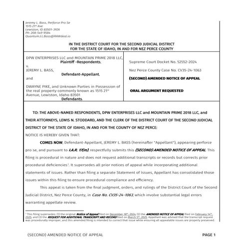 (SECOND) AMENDED NOTICE OF APPEAL – DPW ENTERPRISES LLC & MOUNTAIN ...
