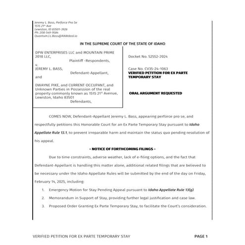 Verified Petition for Ex Parte Temporary Stay Filed with the Idaho ...