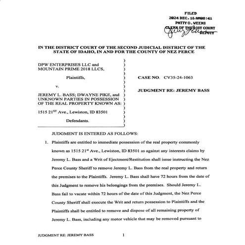 First Amended Judgment Entered Against Defendant Jeremy L. Bass in ...
