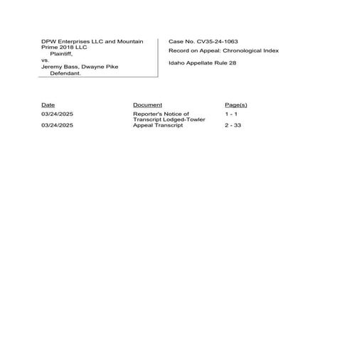 Supplemental Transcript Index for Idaho Supreme Court Docket No. 52552 ...