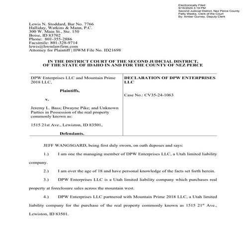 Declaration of DPW Enterprises LLC in Support of Plaintiffs' Motion for ...