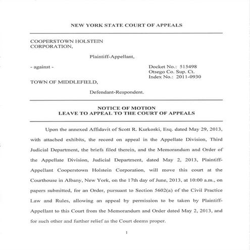 NY Court of Appeals Motion to Accept Town of Middlefield Ban Case