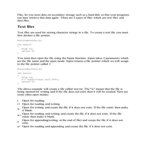 Files let you store data on secondary storage such as a hard disk so that you...