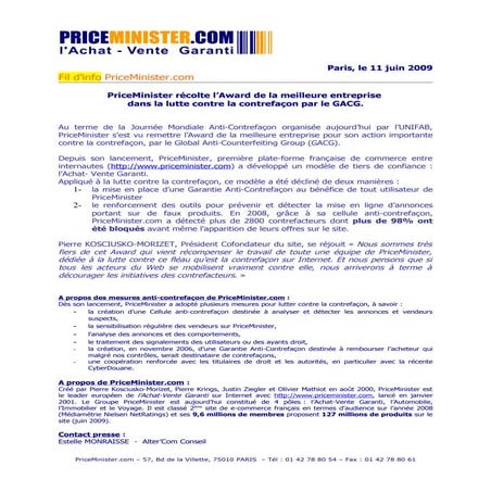 Priceminister récolte un Award dans la lutte contre la contrefaçon par le GACG.