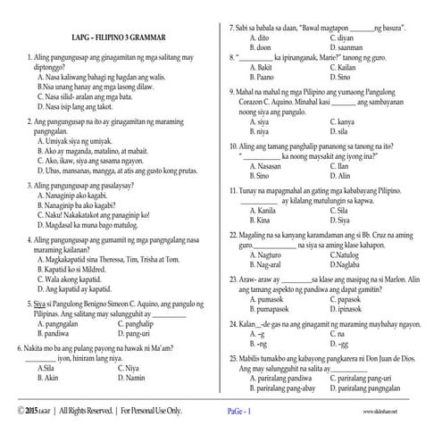 K to 12 Grade 3 LAPG FILIPINO GRAMMAR Reviewer | PDF