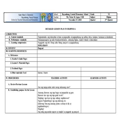 LESSON PLAN FILIPINO 6