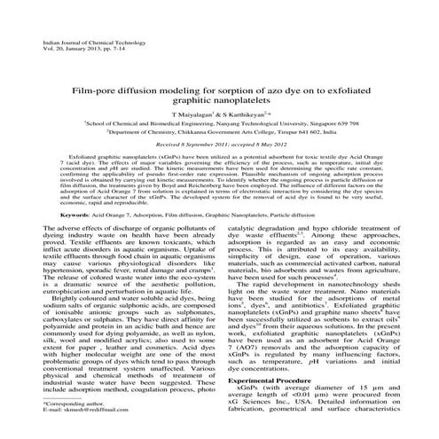 Film pore diffusion modeling for sorption of azo dye on to exfoliated graphit...