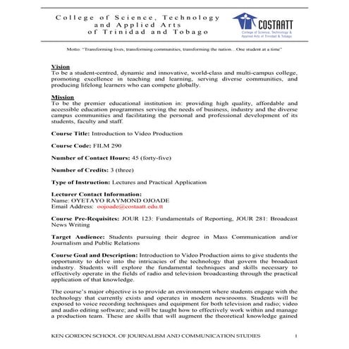 Film 290 intro to video production final outline