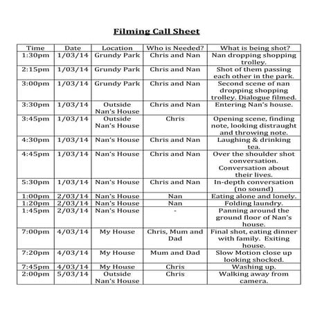 Call Sheet - Music Video Production | DOCX