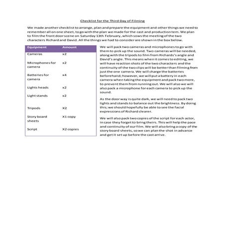 Filming Checklist - Day 3
