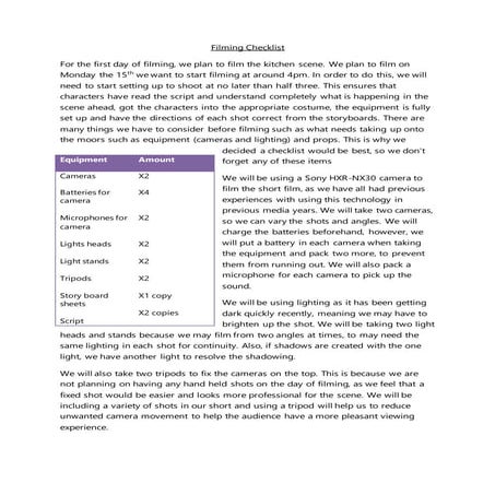 Filming Checklist - Day 1 | DOCX