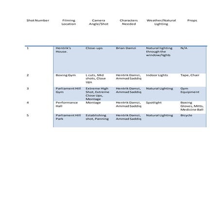 Filming schedule | DOCX