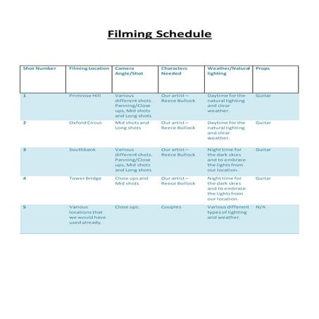 Filming schedule