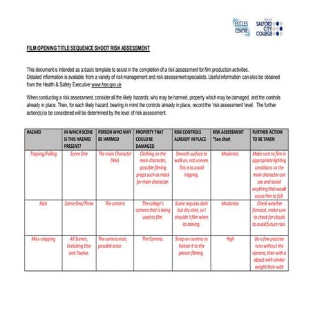 Film opening title sequence shoot risk assessment form
