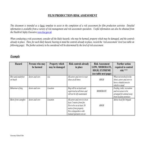 Film production risk assessment form