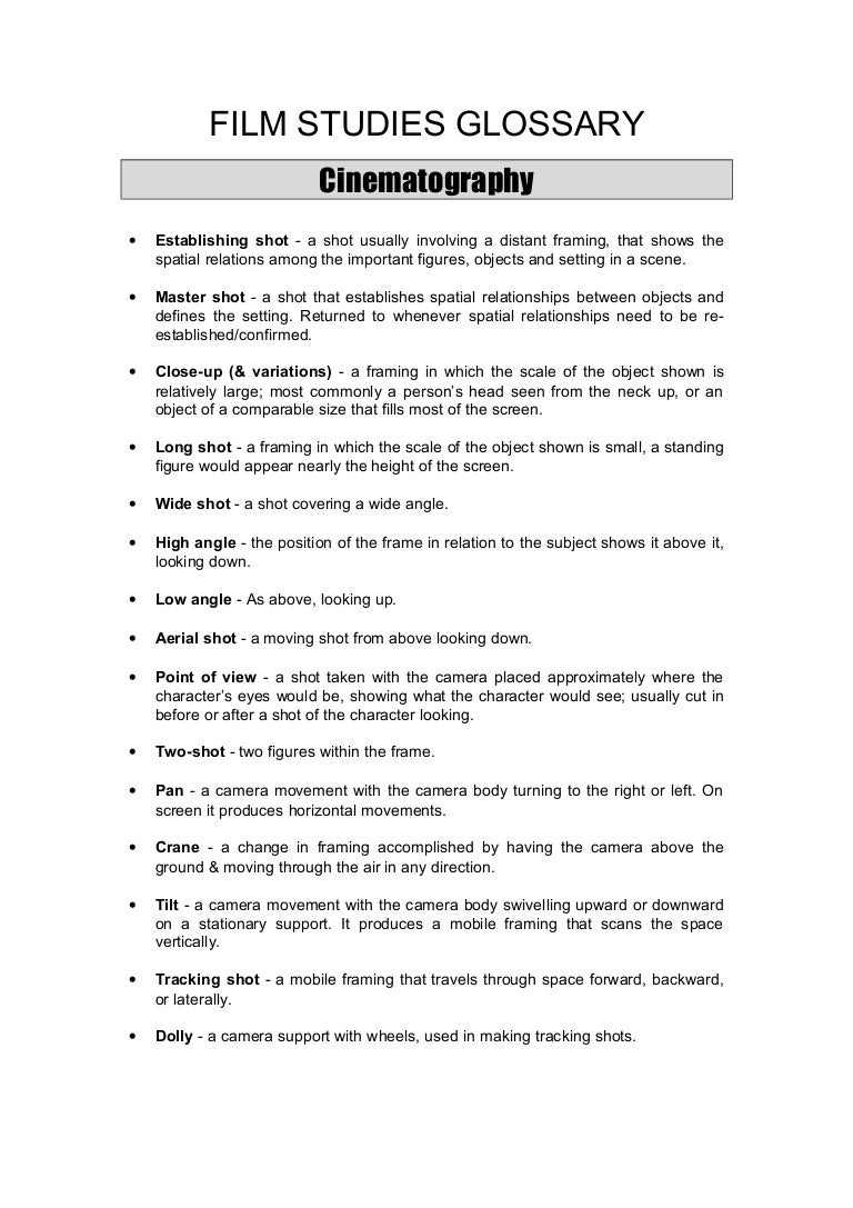 Film terms glossary as