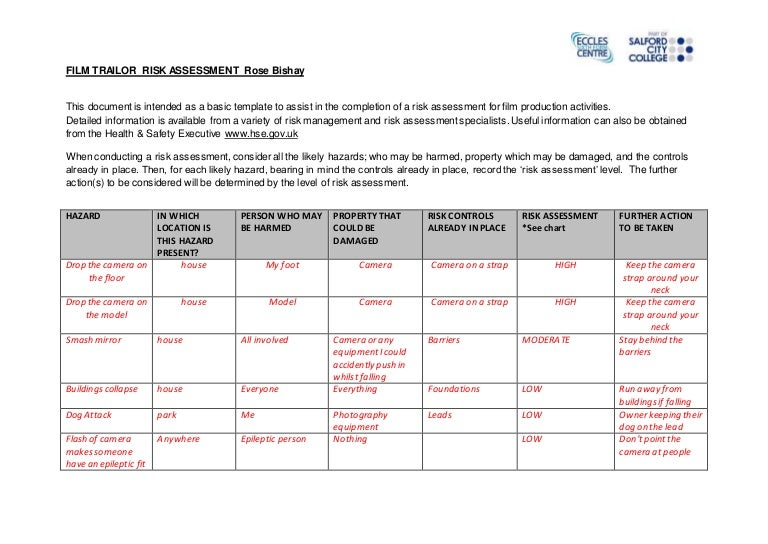 Film trailor risk assessment form