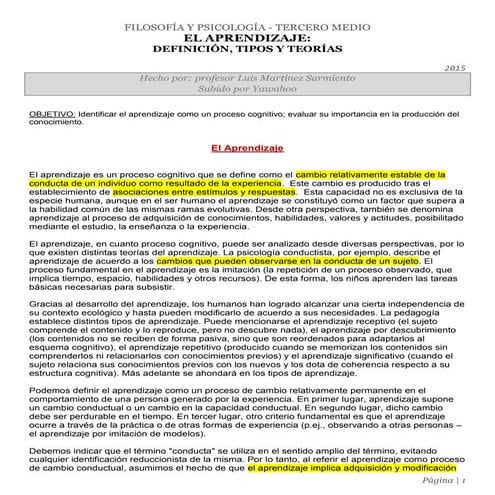 Filosofía y Psicología 3° medio - Guía del Aprendizaje (definición, tipos y t...