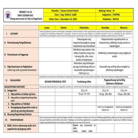 DAILY LESSON PLAN IN FILIPINO 1 - QUARTER 4 - WEEK 1 - MGA SALITANG ...