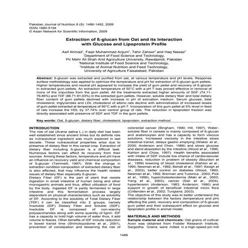 Extraction of beta glucan from oat and its lipoprotein profile