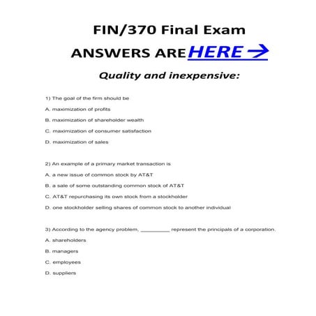 Fin 370 fin370 final exam correct 100%